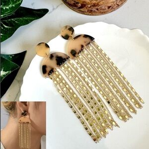 Brown Tortoiseshell Acrylic Half Moon Earrings Circle Gold Chain Tassel NEW Long
